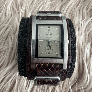 Guess Men's Silver Dial with Textured Brown Strap Watch